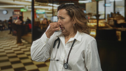 Woman doctor wearing stethoscope grimaces and pinches nose at pungent smell inside busy restaurant;...