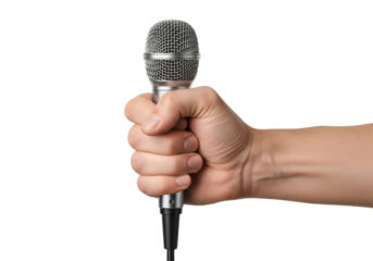 hand holding microphone isolated on white
