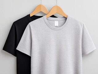 Two hanging t-shirts, one black and one gray, displayed on wooden hangers against a light gray background, showcasing casual fashion and textile quality for design purposes