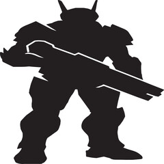Striking black silhouette of a futuristic mech warrior holding a large weapon across its armored frame. The figure’s horned helmet, bulky limbs, and wide stance convey strength, readiness, and sci-fi 