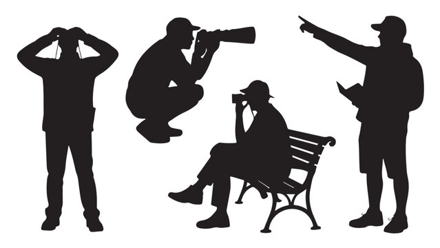 Set of silhouette vector illustrations of people with binoculars and cameras observing and photographing isolated on white background