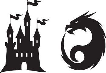 Fantasy-themed black silhouette artwork featuring a medieval castle with flowing banners and arched windows, paired with a fierce dragon curled into a circular form. The high-contrast vector design ev