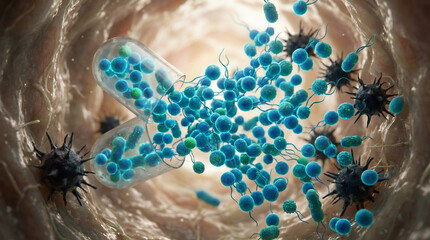 Naklejka premium Microscopic Science, a Probiotic Capsule Releases Friendly Bacteria into the Human Internal System to Support Wellness