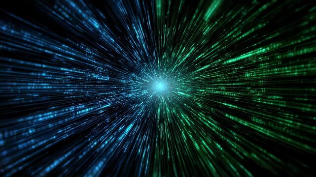 Abstract Digital Tunnel With Blue And Green Streaks Of Light Zooming Towards A Bright Central Light Source On A Dark Background