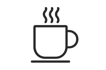 Steaming coffee mug on a saucer, simple black and white outline drawing