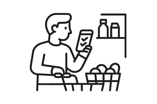 Person checking grocery list on mobile device near shelf with food items and basket of eggs