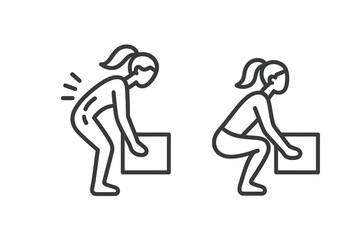 Comparison of safe and unsafe lifting techniques showing proper squatting versus bending over