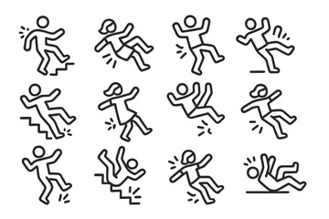 Various slip and fall accidents, including people tumbling down stairs and slipping on wet floors