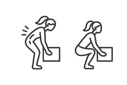 Comparison of safe and unsafe lifting techniques showing proper squatting versus bending over