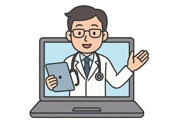 Male doctor giving medical advice online via laptop screen interface for telemedicine
