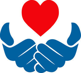Blue hands holding red heart symbol isolated on white background for charity donation and healthcare protection concept suitable for medical insurance or volunteer logo design