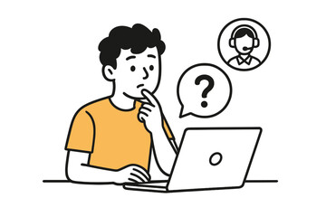 Person working on laptop with technical problem seeking help from customer support agent