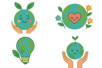 Naklejka premium Ecological symbols showing hands holding the planet, Earth with a heart, and a green lightbulb
