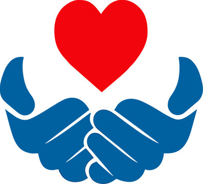 Blue hands holding red heart symbol isolated on white background for charity donation and healthcare protection concept suitable for medical insurance or volunteer logo design