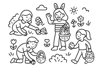 Diverse group of adults and children searching for hidden Easter eggs in a sunny park