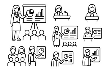 Business presentation and public speaking featuring professional women addressing an audience