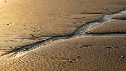 Intricate patterns of water flow on a sandy beach surface.