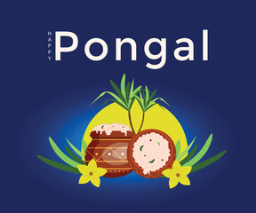 Indian celebration Pongal color banner. Sun, pot, plant, flower, text. Vector illustration