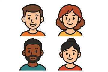 Fototapeta premium Diverse group of four smiling cartoon avatar faces representing different ethnicities
