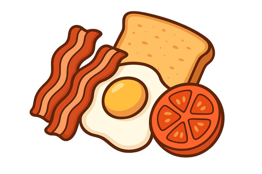 Classic breakfast plate with bacon, fried egg, toast, and tomato slice