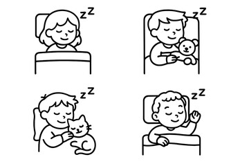 Fototapeta premium Young children sleeping comfortably in bed, hugging a teddy bear or cuddling a cat