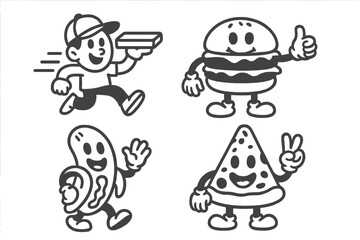 Retro cartoon mascots set of fast food characters and running delivery person