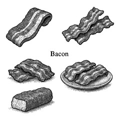 Bacon Food Set in Vintage Engraving Style Transparent Background