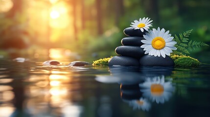 Find your inner peace with this serene zen garden scene featuring smooth stones, daisy blossoms, and tranquil water reflecting a golden sunset, perfect for wellness promotions