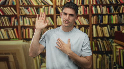 Man with right hand raised and left hand on chest for pledge in building library; solemnity pledge education.