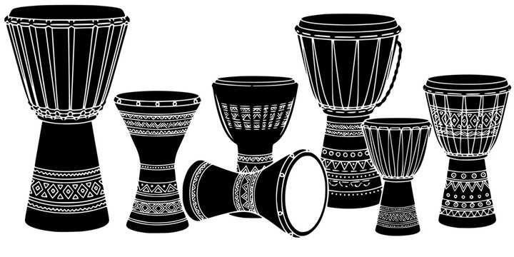 Traditional African Djembe Drum Icon Set Silhouette Vector