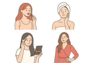 Diverse women applying makeup, moisturizing skin, and posing for fashion beauty routines