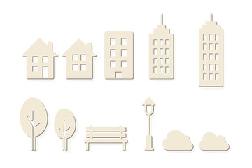 Minimalist urban and park elements featuring buildings, trees, and street furniture