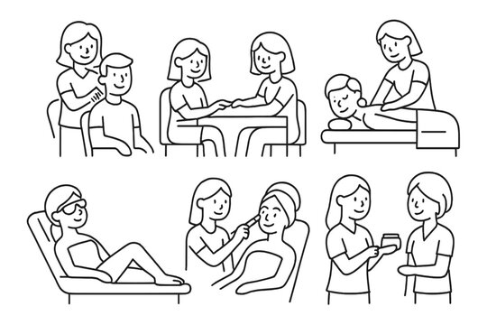 Outline icons set for beauty, wellness, and personal care services including massage, manicure, and haircut - Powered by Adobe