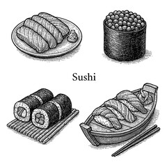 Sushi Set in Vintage Engraving Style Transparent Background