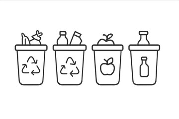 Four different types of waste sorting bins for recycling plastic, glass, paper, and organic materials