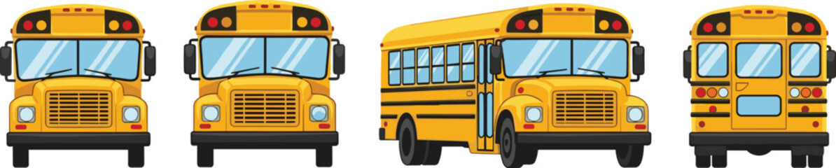 Yellow school bus vector set, front side and back view, education transport vehicle collection, isolated on white background. © rakib's world