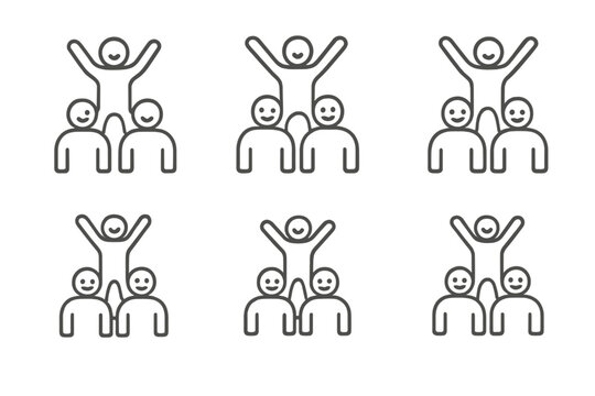 Minimalist repeating pattern of successful team members forming a celebratory human pyramid structure