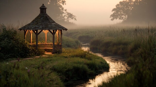 Wooden gazebo misty morning - Powered by Adobe