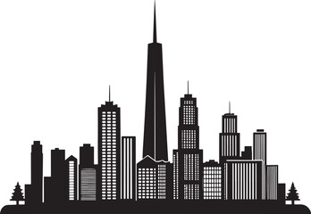Minimal black city skyline silhouette with clean straight lines, high-contrast vector style, no shadows, perfectly isolated on a bright white background.