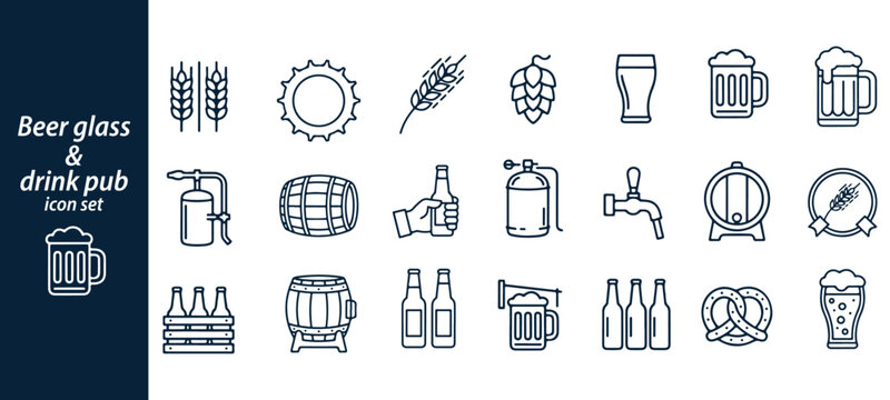 Beer glass and drink pub outline icon set