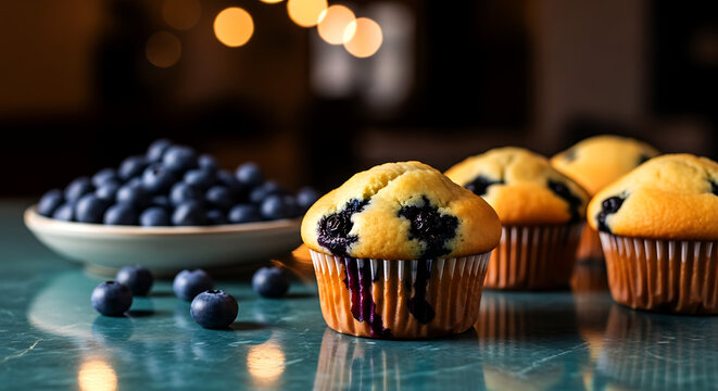 Freshly baked blueberry muffins with scattered berries on a teal surface food baking