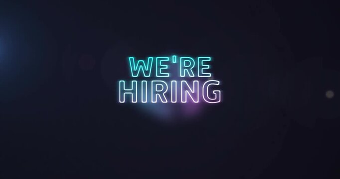 Neon 'WE'RE HIRING' drawing faint embossed outline and announcing hiring, glowing cyan purple bloom