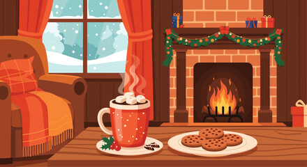 Cozy winter scene with warm fireplace, hot chocolate, and sweet cookies evokes feelings of holiday cheer and relaxation during the holidays