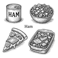 Ham Dishes and Ingredients in Vintage Engraving Style Transparent Background