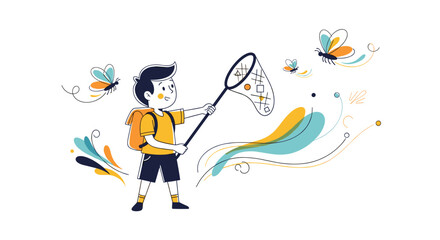A happy young boy with a backpack is trying to catch colorful butterflies with a net in a playful abstract illustration.