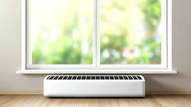 Modern white baseboard heater beneath defocused window bright, faceless heating installation, living room visualization detail, blurred window background, comfort concept, modern i