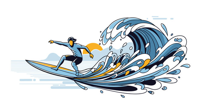 A dynamic illustration of a surfer in a wetsuit riding a large and powerful ocean wave with the sun in the background.