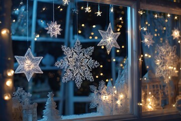 A frosty Christmas window decorated with snowflake decals and twinkling LED stars