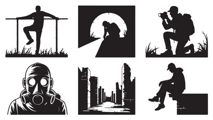 Set of silhouette vector illustrations depicting various scenarios of human survival and resilience isolated on white background