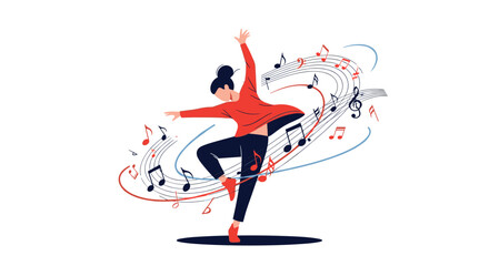 Fototapeta premium A joyful young woman is dancing freely surrounded by swirling musical notes and staves in this energetic flat illustration.